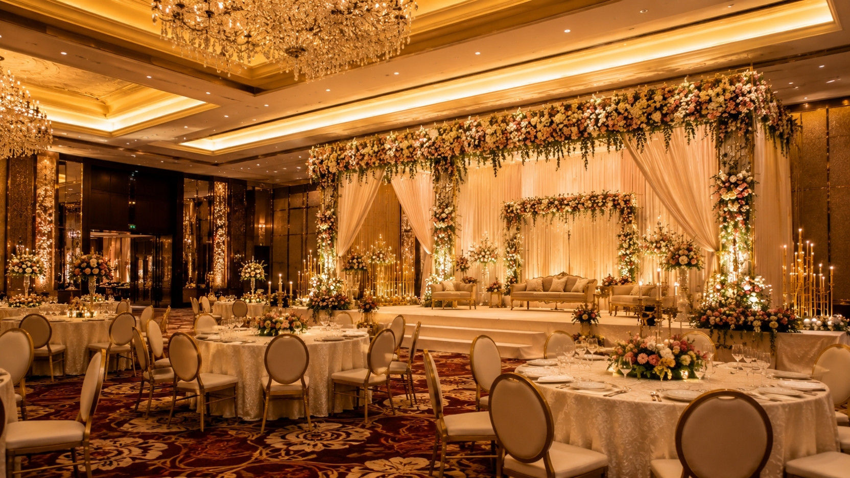 Elegant wedding banquet hall decorated for a Delhi wedding