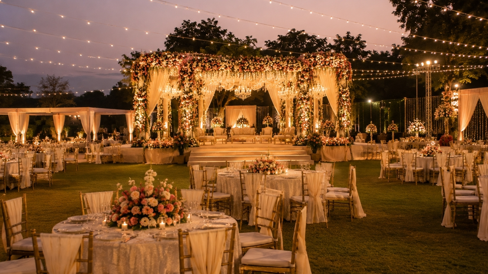 Outdoor wedding lawn venue in Delhi surrounded by greenery