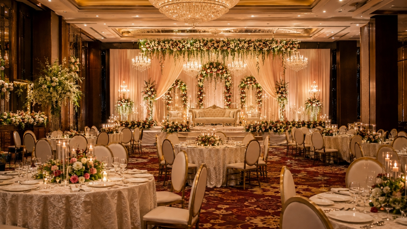 Decorated wedding reception venue in Delhi with dining setup